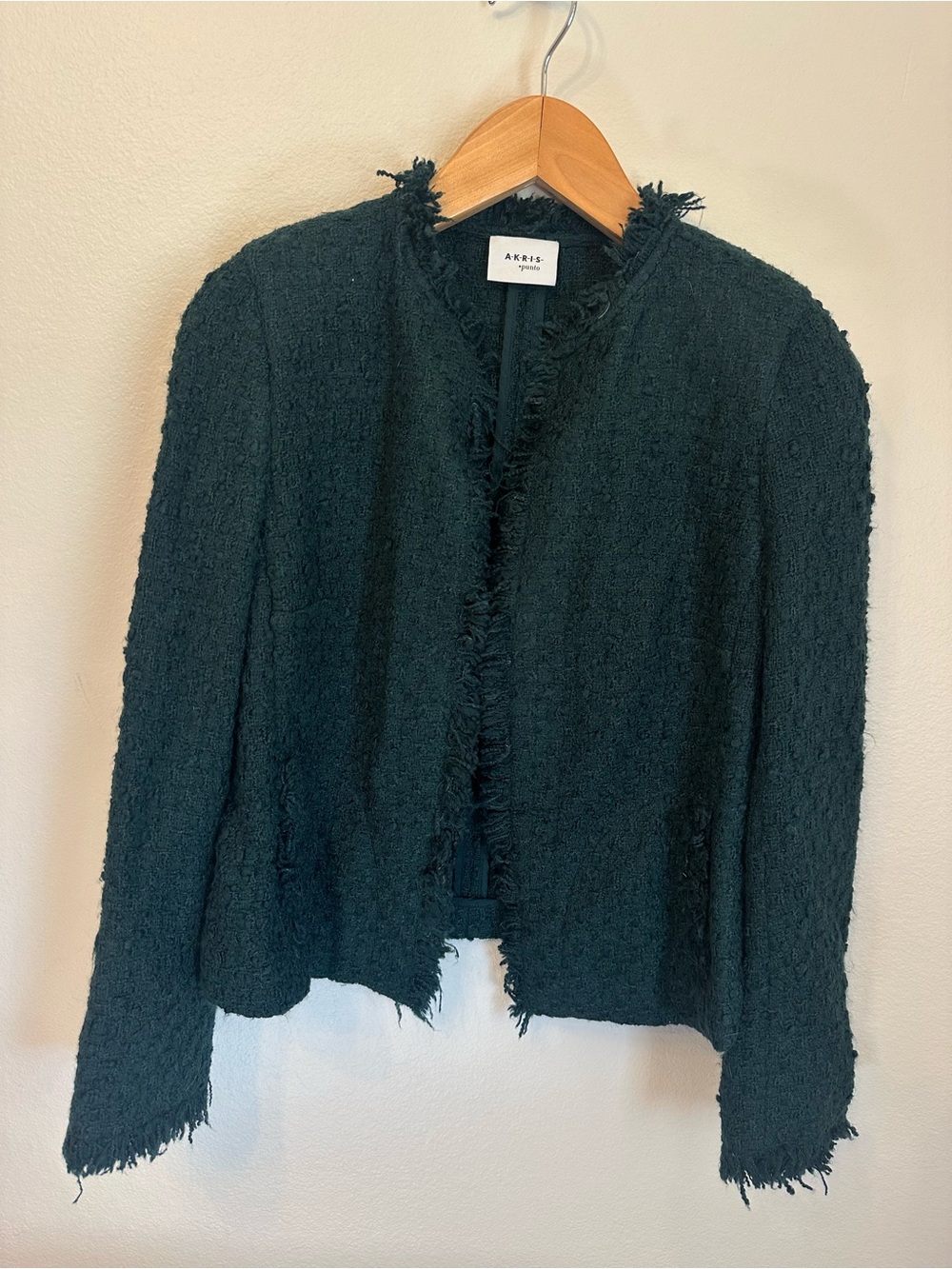 Akris Punto Green Fringe - Trim Tweed Boucle Blazer Jacket Wool Blend